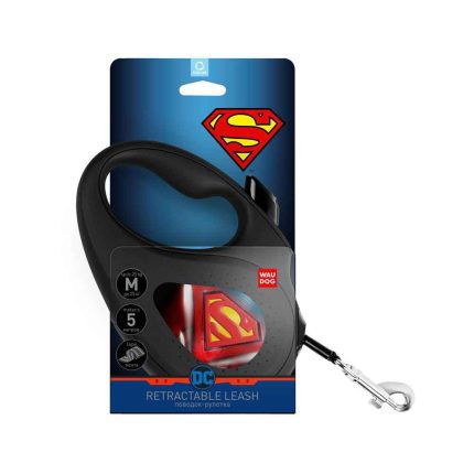 Waudog Πτυσσόμενο Λουρί/Οδηγός Σκύλου Superman logo με Ανακλαστικές Λωρίδες S 15kg 5m Μαύρο